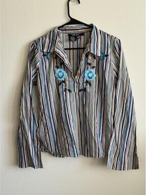 Rampage Clothing Company vertical striped cotton blouse with blue floral embroid